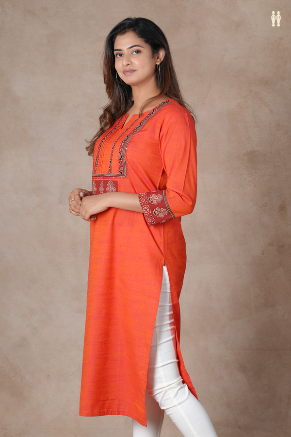Split Neck Plain Vermillion Orange Cotton Long Kurta