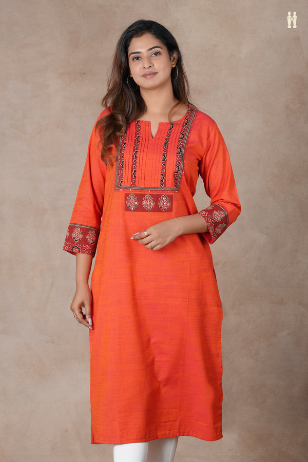 Split Neck Plain Vermillion Orange Cotton Long Kurta