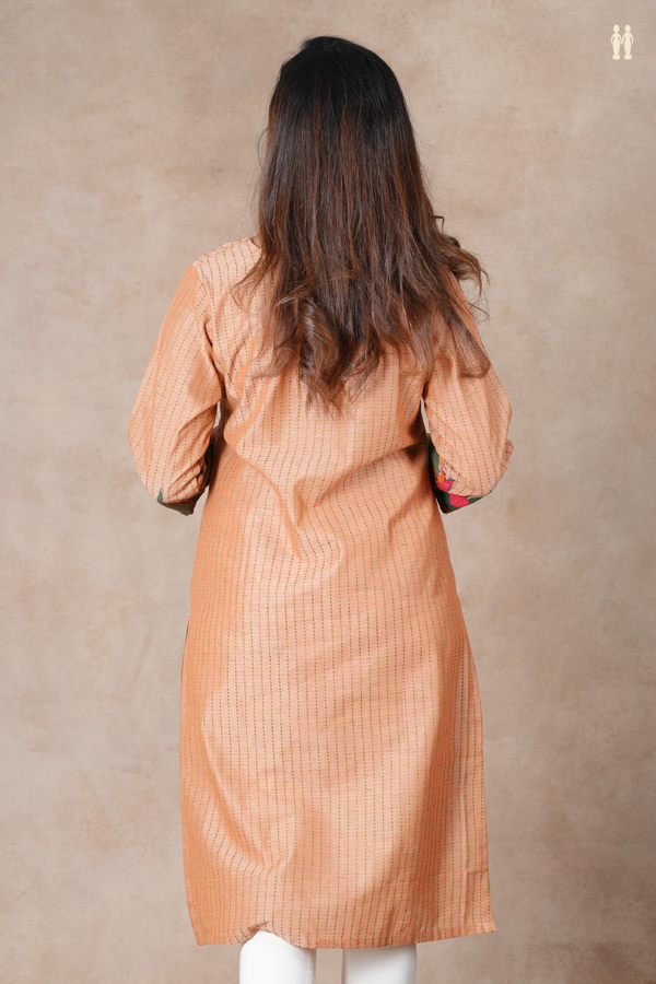 Split Neck Stripes Design Dusty Orange Cotton Long Kurta