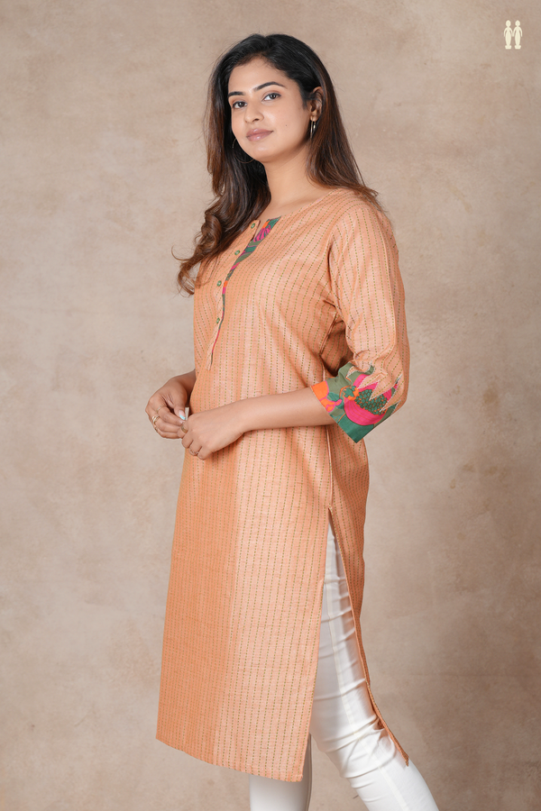 Split Neck Stripes Design Dusty Orange Cotton Long Kurta