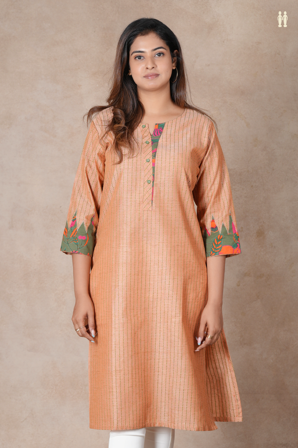Split Neck Stripes Design Dusty Orange Cotton Long Kurta
