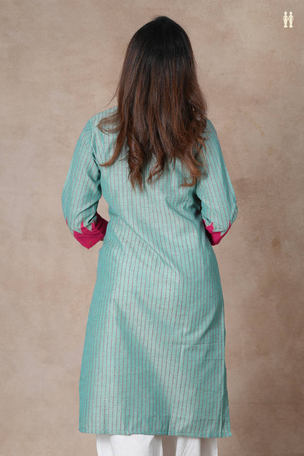 Split Neck Stripes Design Green Cotton Long Kurta