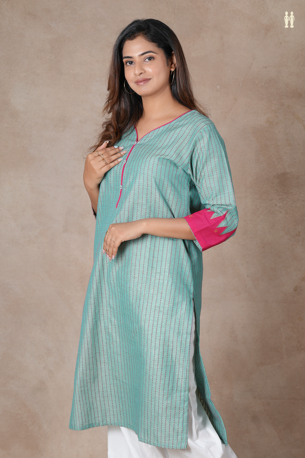Split Neck Stripes Design Green Cotton Long Kurta