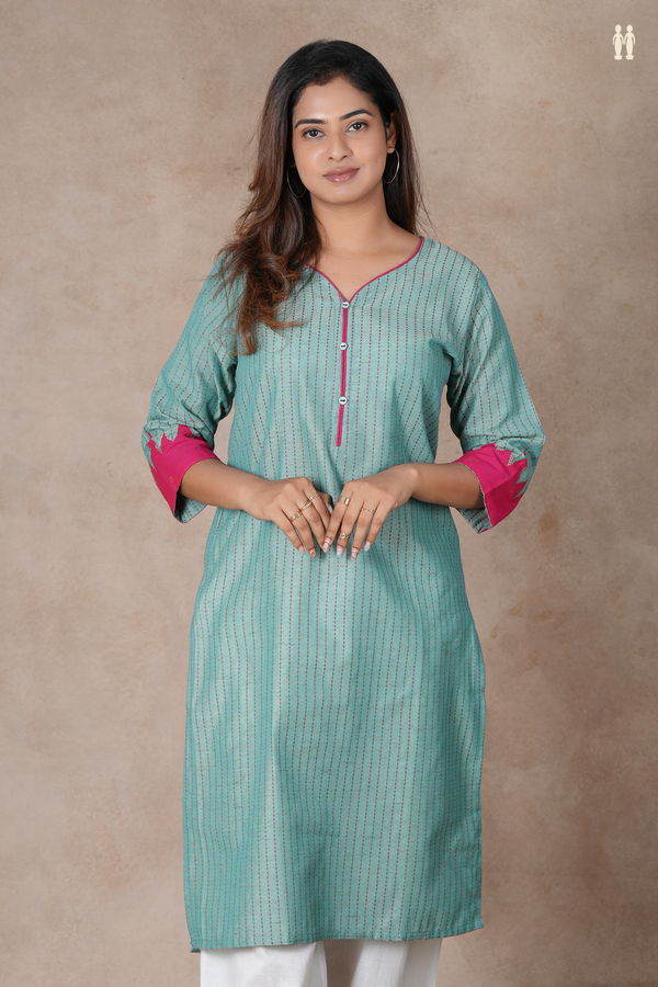 Split Neck Stripes Design Green Cotton Long Kurta