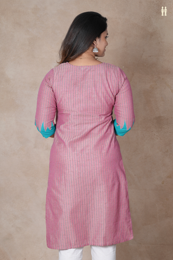 Round Neck Stripes Design Dusty Pink Cotton Long Kurta