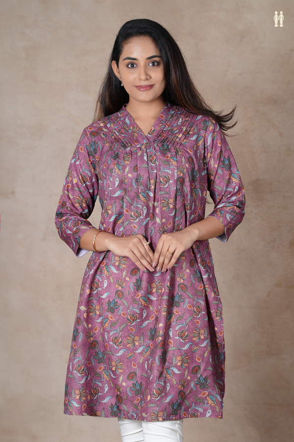 V-Neck Floral Design Plum Brown Cotton Long Kurta