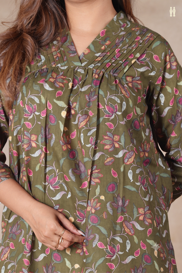 V-Neck Floral Design Olive Green Linen Cotton Long Kurta