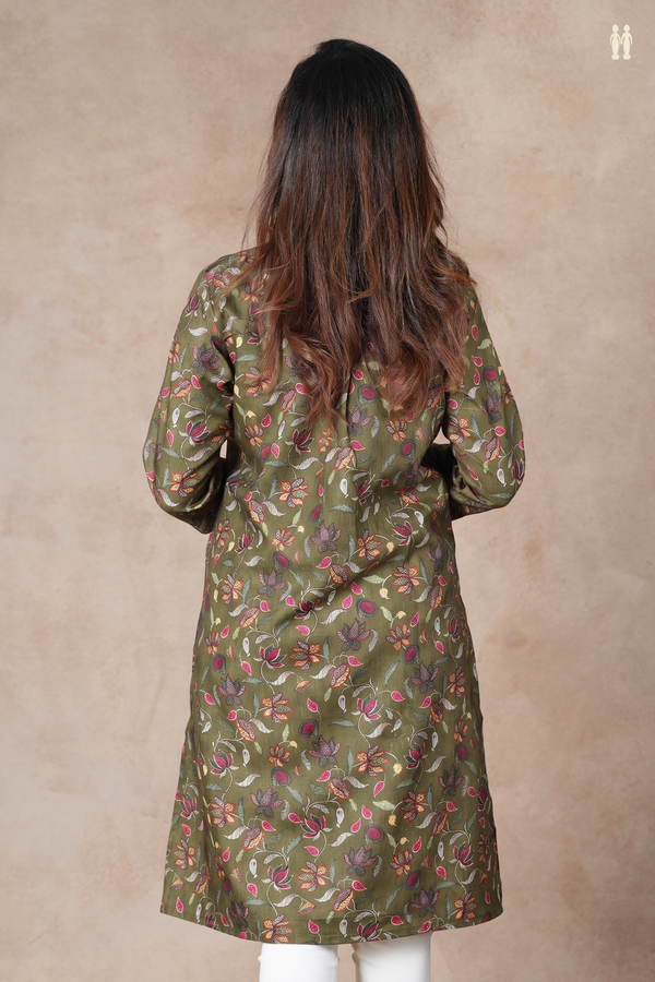 V-Neck Floral Design Olive Green Linen Cotton Long Kurta