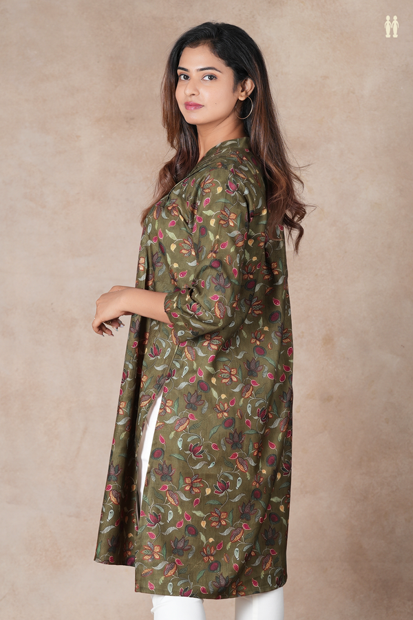 V-Neck Floral Design Olive Green Linen Cotton Long Kurta