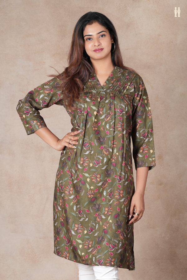 V-Neck Floral Design Olive Green Linen Cotton Long Kurta