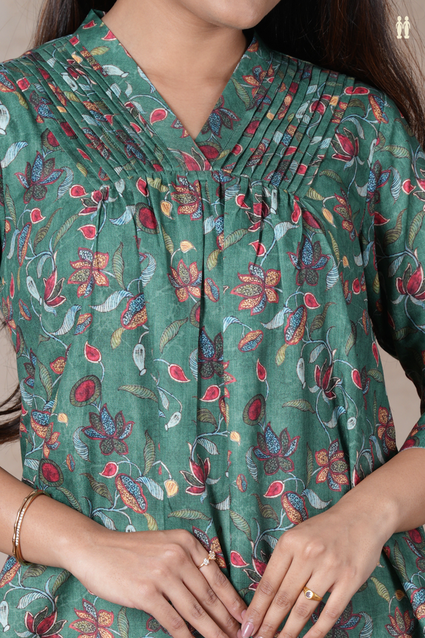 V-Neck Floral Design Forest Green Cotton Long Kurta