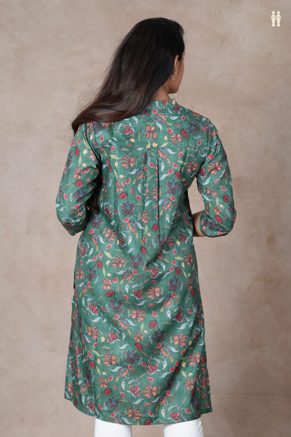 V-Neck Floral Design Forest Green Cotton Long Kurta
