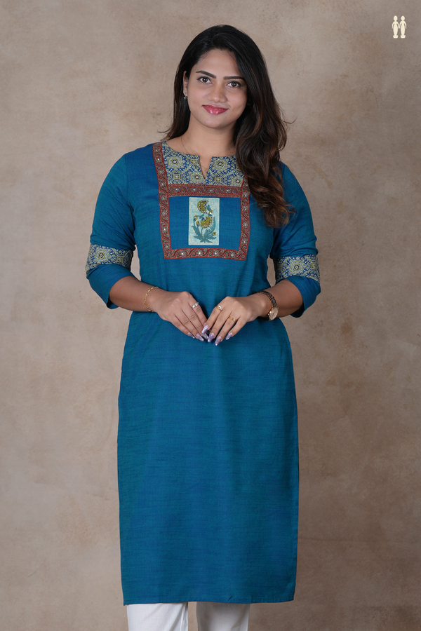 Split Neck Plain Teal Blue Cotton Long Kurta