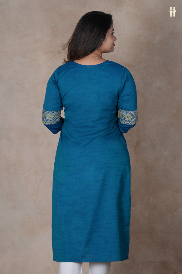 Split Neck Plain Teal Blue Cotton Long Kurta