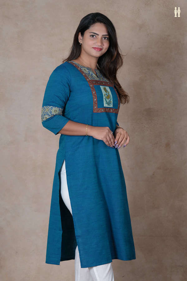 Split Neck Plain Teal Blue Cotton Long Kurta