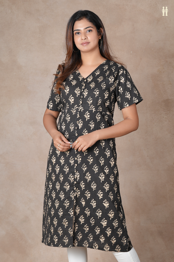 V-Neck Floral Design Black Cotton Long Kurta