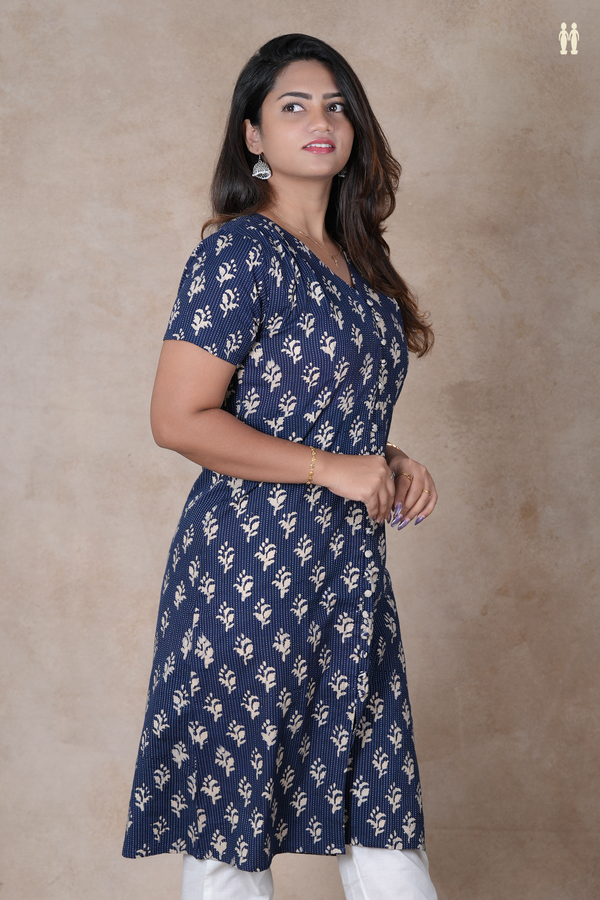 V-Neck Floral Design Navy Blue Cotton Long Kurta