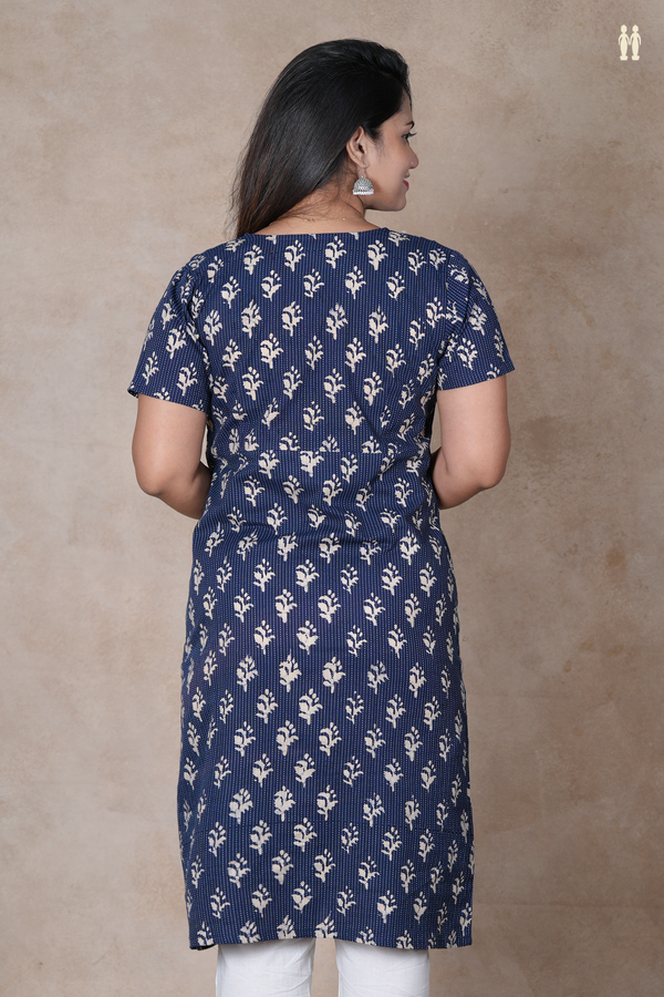 V-Neck Floral Design Navy Blue Cotton Long Kurta