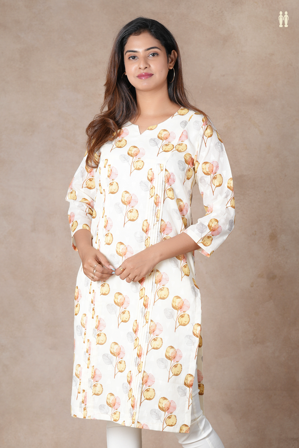 Split Neck Leaf Design White Cotton Long Kurta