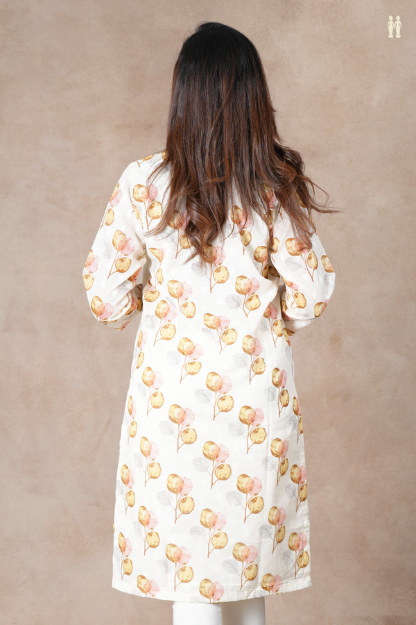 Split Neck Leaf Design White Cotton Long Kurta