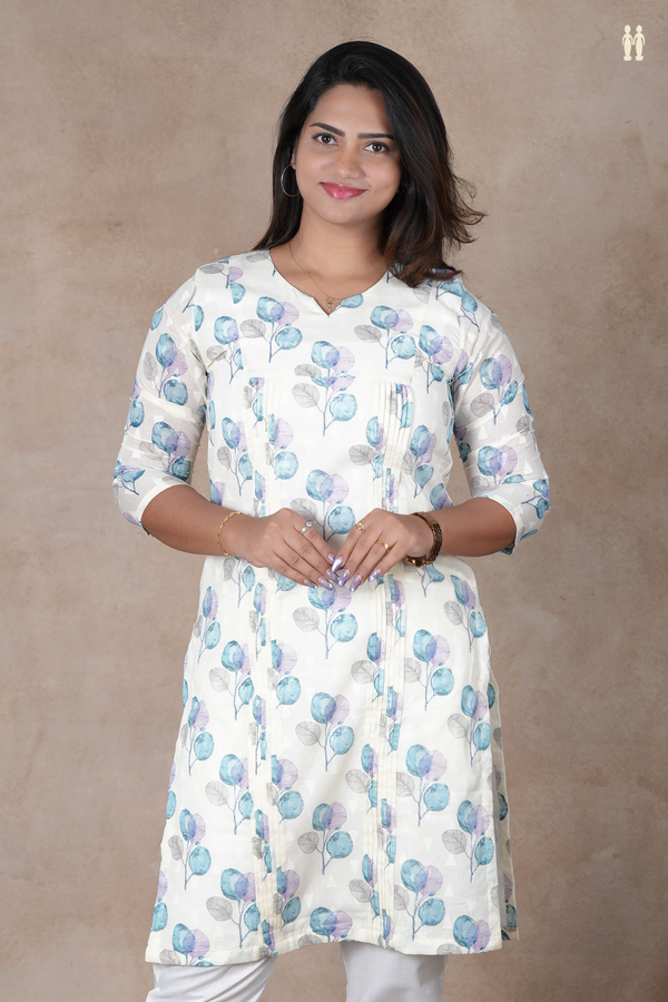Split Neck Printed Design White Cotton Long Kurta