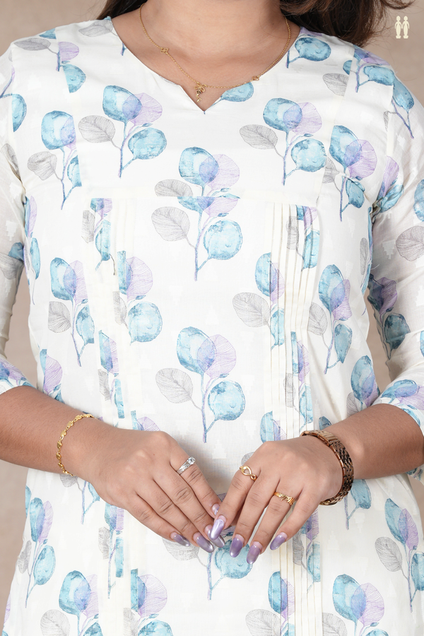 Split Neck Printed Design White Cotton Long Kurta