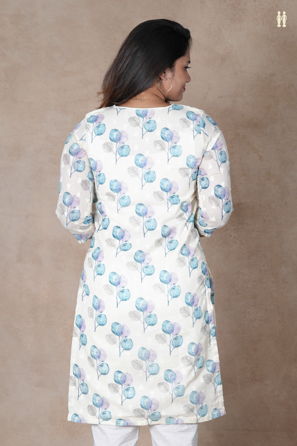 Split Neck Printed Design White Cotton Long Kurta
