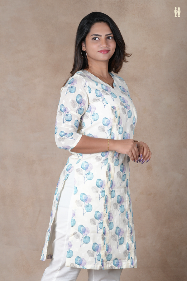Split Neck Printed Design White Cotton Long Kurta