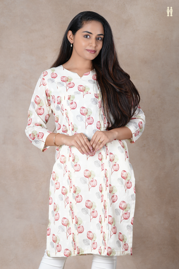 Split Neck Floral Design White Cotton Long Kurta
