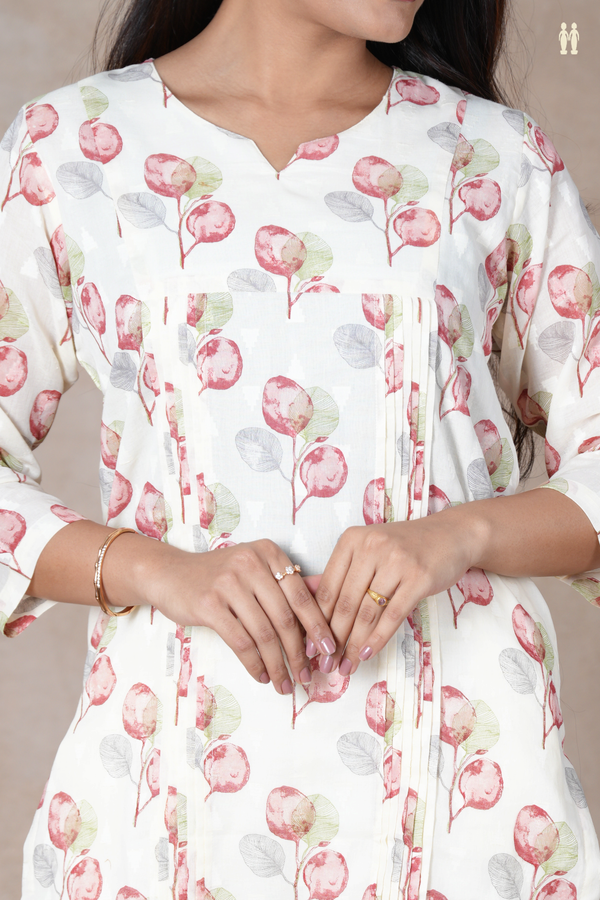 Split Neck Floral Design White Cotton Long Kurta