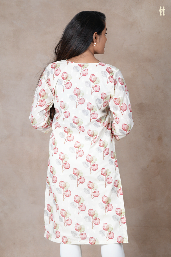 Split Neck Floral Design White Cotton Long Kurta