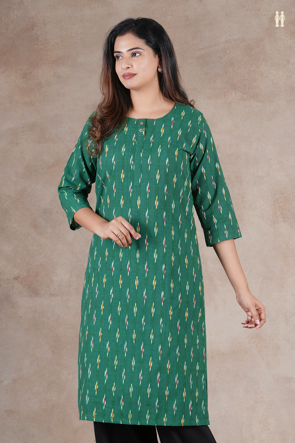 Round Neck Ikat Buttas Green Cotton Long Kurta