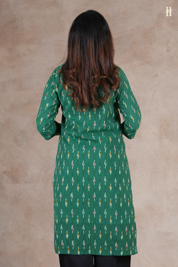 Round Neck Ikat Buttas Green Cotton Long Kurta