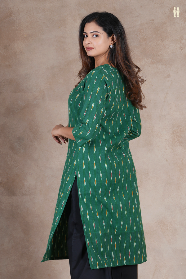 Round Neck Ikat Buttas Green Cotton Long Kurta