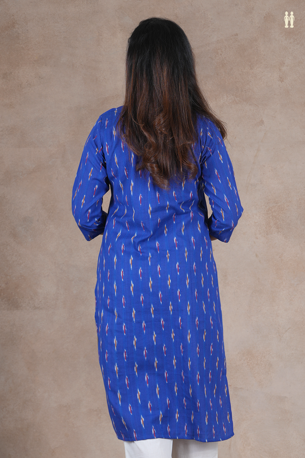 Round Neck Ikat Design Royal Blue Cotton Long Kurta