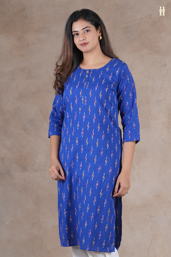 Round Neck Ikat Design Royal Blue Cotton Long Kurta