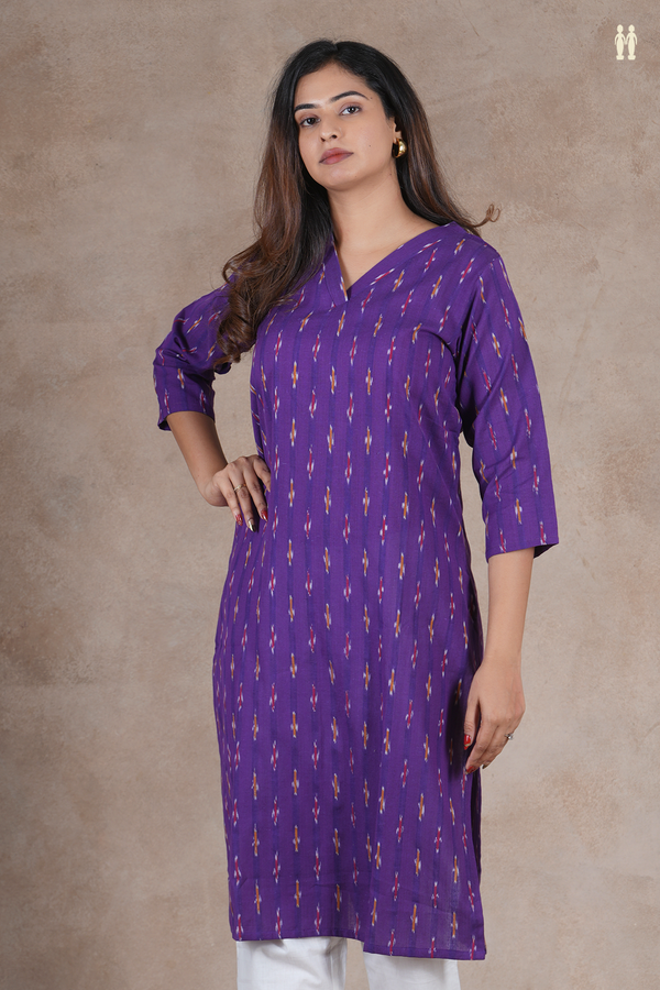 V-Neck Ikat Buttas Purple Cotton Long Kurta