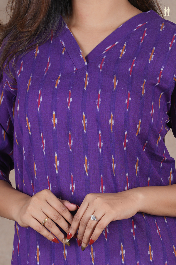 V-Neck Ikat Buttas Purple Cotton Long Kurta