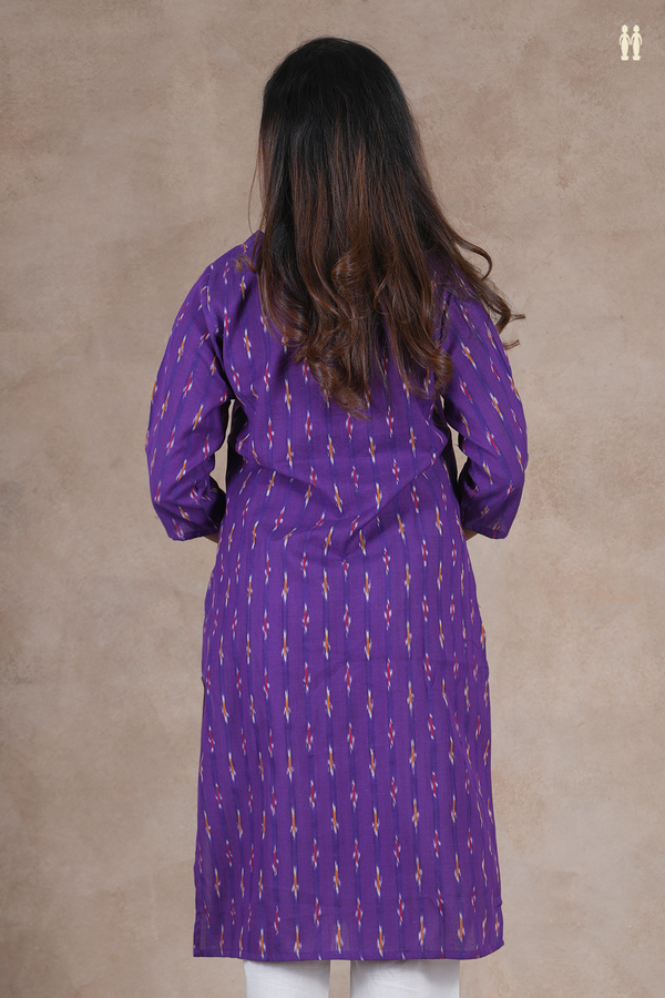 V-Neck Ikat Buttas Purple Cotton Long Kurta