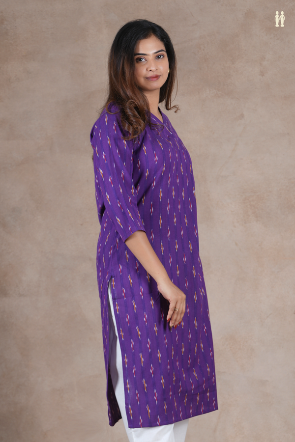 V-Neck Ikat Buttas Purple Cotton Long Kurta