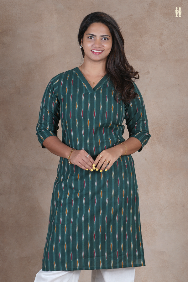 V-Neck Ikat Stripes Dark Green Cotton Long Kurta