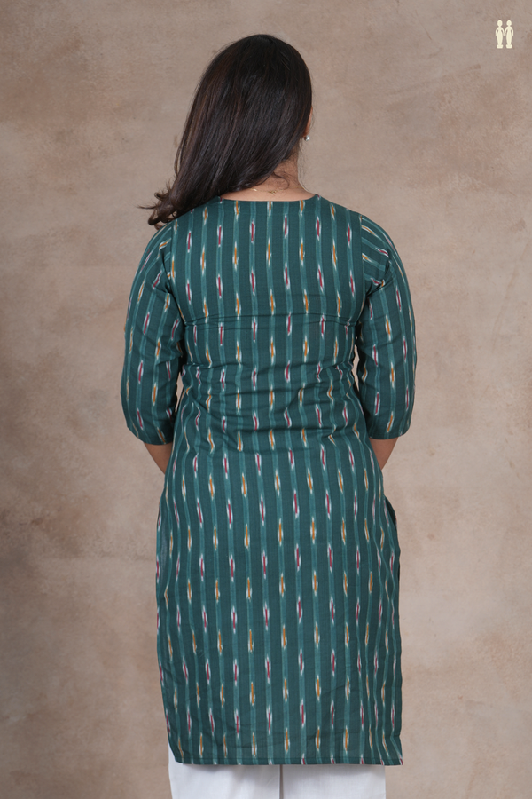 V-Neck Ikat Stripes Dark Green Cotton Long Kurta