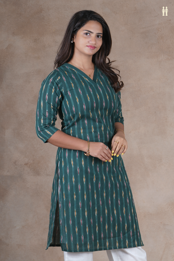 V-Neck Ikat Stripes Dark Green Cotton Long Kurta