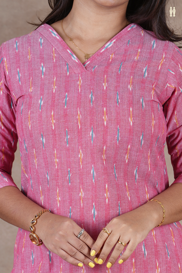 V- Neck Ikat Design Pink Cotton Long Kurta