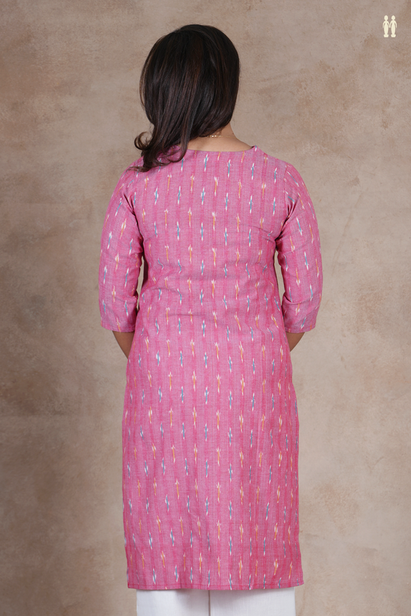 V- Neck Ikat Design Pink Cotton Long Kurta