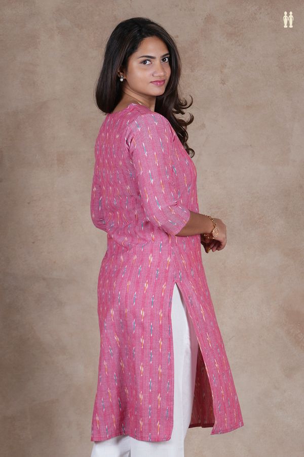 V- Neck Ikat Design Pink Cotton Long Kurta