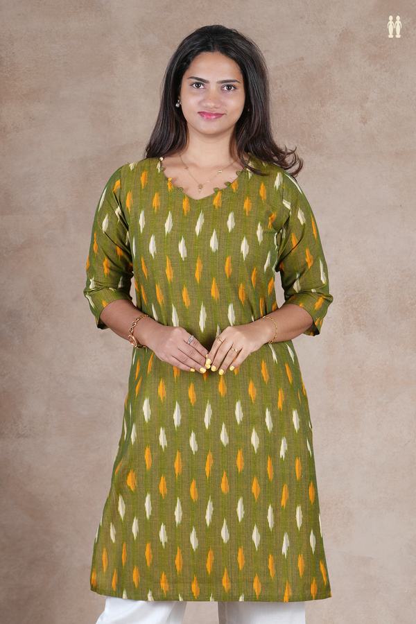 V-Neck Ikat Buttas Green Cotton Long Kurta