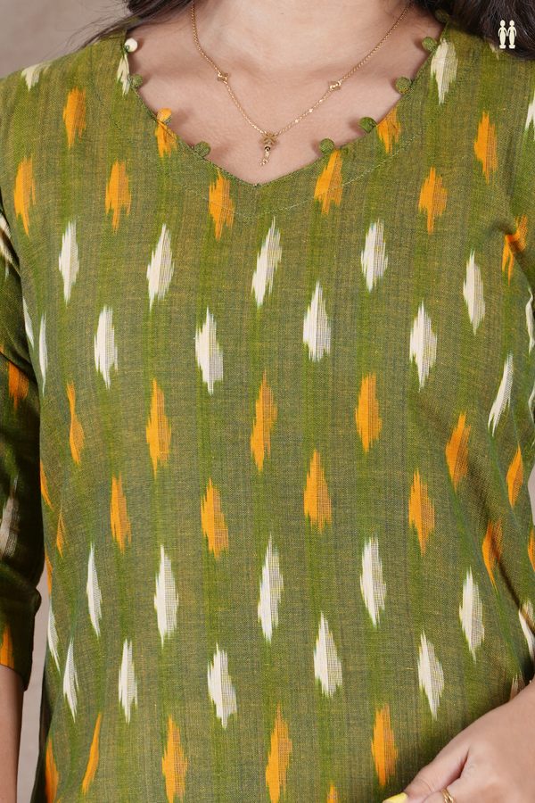 V-Neck Ikat Buttas Green Cotton Long Kurta