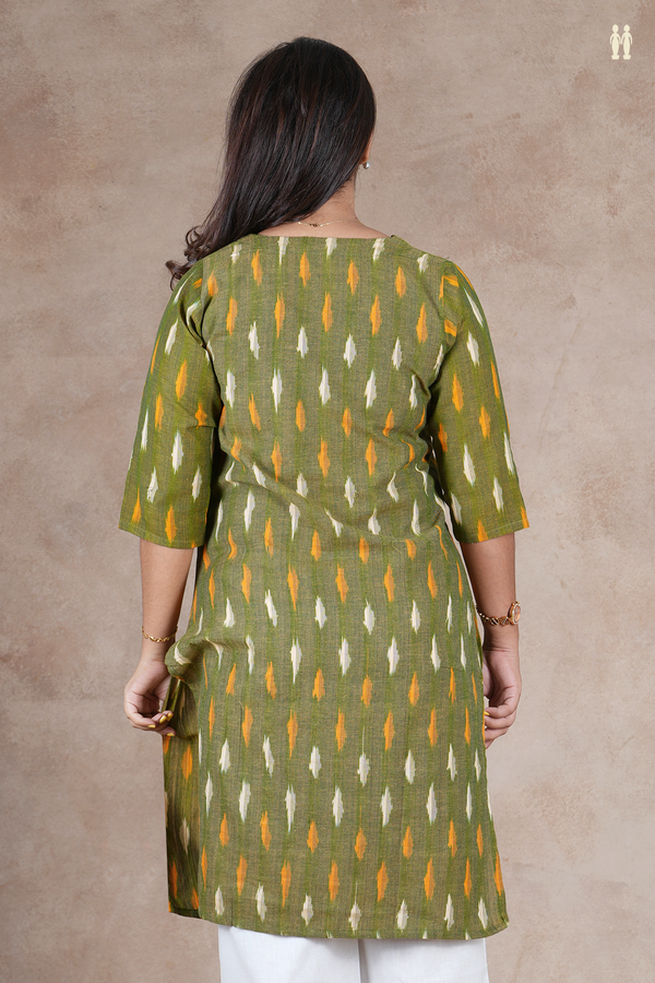 V-Neck Ikat Buttas Green Cotton Long Kurta