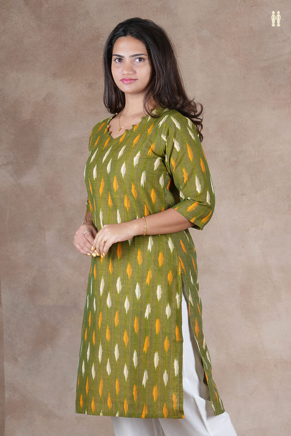 V-Neck Ikat Buttas Green Cotton Long Kurta